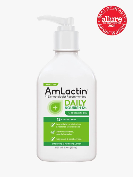 AmLactin Daily Nourish Lotion with 12% Lactic Acid branded bottle component with green and black accents on a light gray background with red Allure Best of Beauty seal in the top right corner