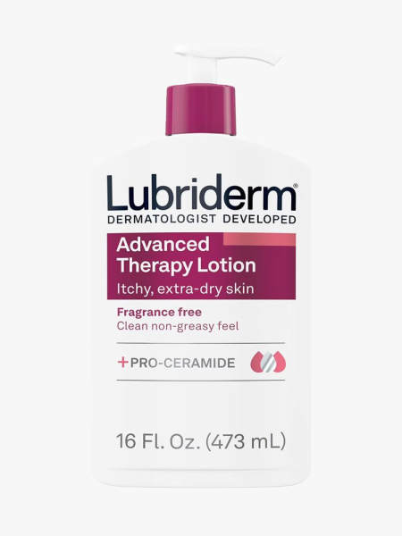 White pump bottle of Lubriderm Advanced Therapy Lotion on light gray background