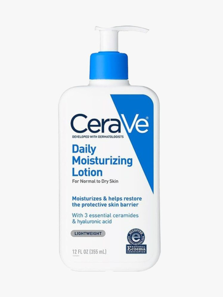 CeraVe Daily Moisturizing Lotion rounded white rectangle bottle with blue accents and white pump cap on light gray background