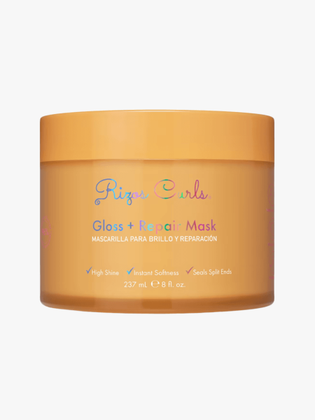 Rizos Curls Gloss + Repair Mask in branded tub component on a light gray background